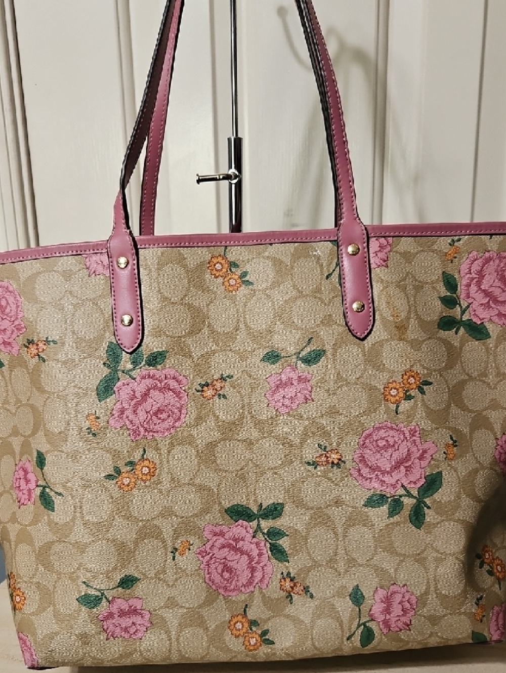 Coach EUC Signature City Tote Floral with Pink Trim, Reversible - Picture 2 of 13